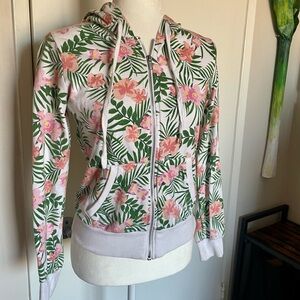 tropical leaf and hibiscus flower print zip up hoodie jacket